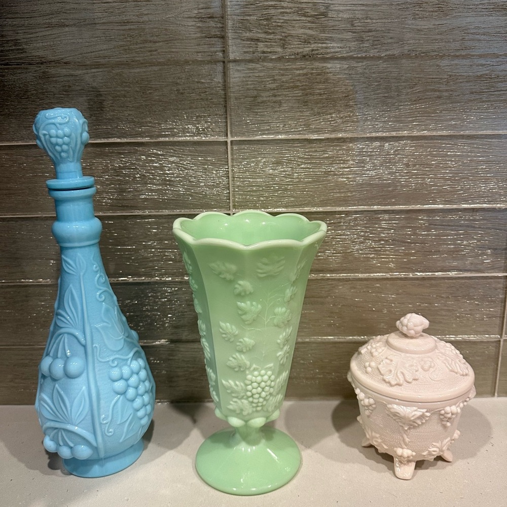 Pastel milk glass trio pink green blue